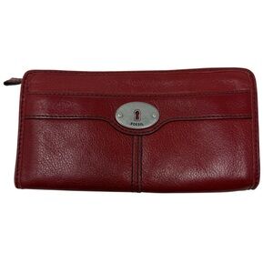 Fossil Maddox Red Leather Zip-Around Clutch Wallet